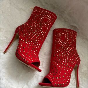 Elegant Red Gold Studded Women's Heels
